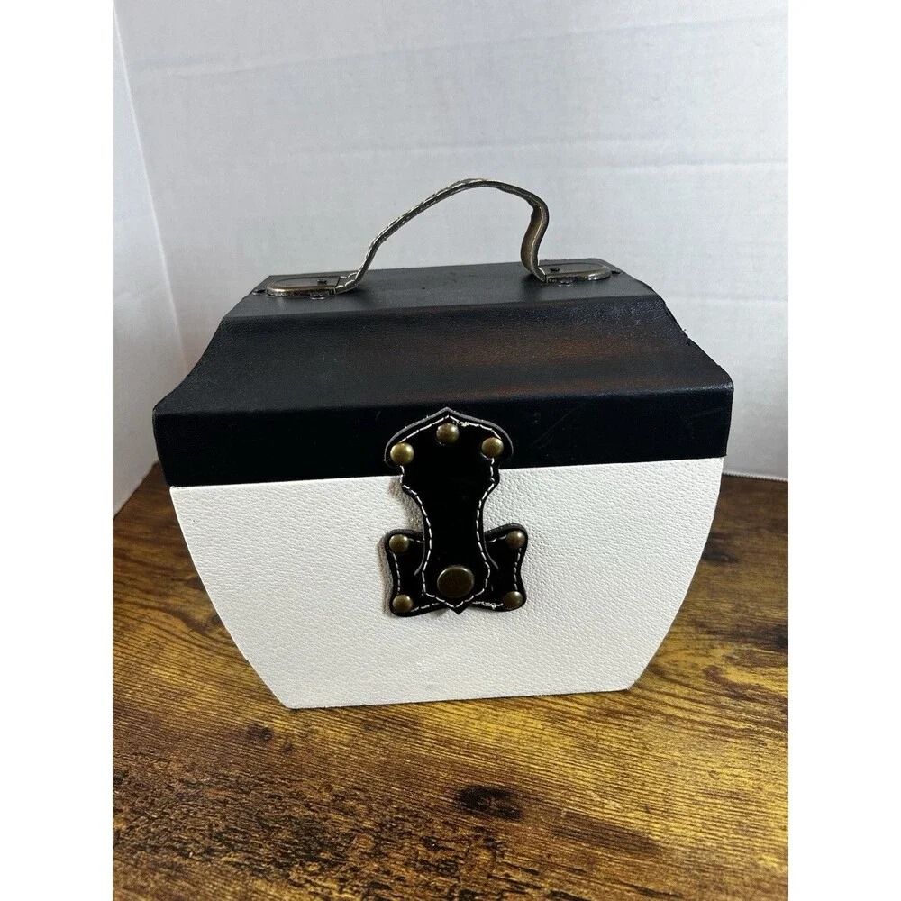 Black White Faux Leather Storage Box Decorative Trunk Case W/ Handle 8X6X7 Vtg